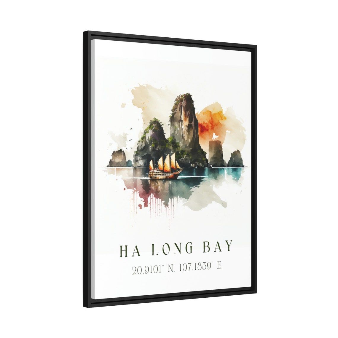 Ha Long Bay Vietnam Watercolor Karsts Sailboat Coordinates Poster - Image 2