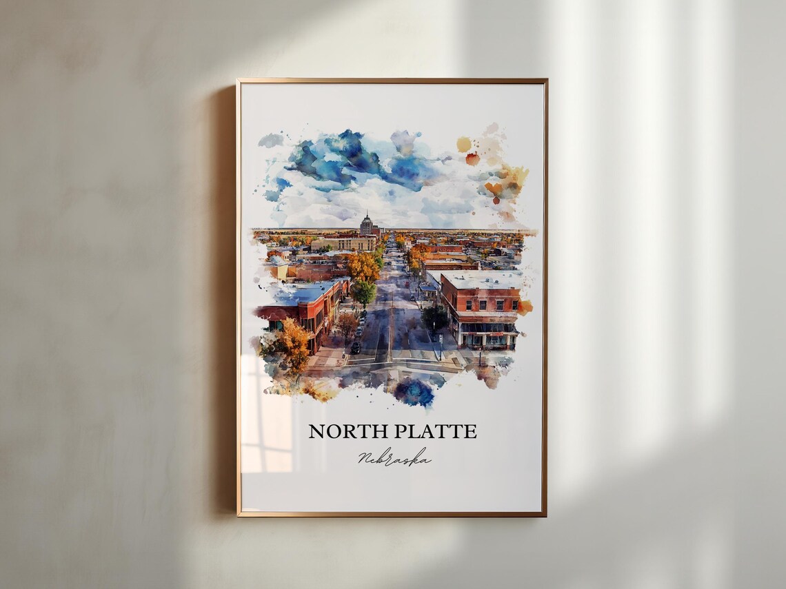 North Platte Nebraska Downtown Aerial View Watercolor Poster - Image 2
