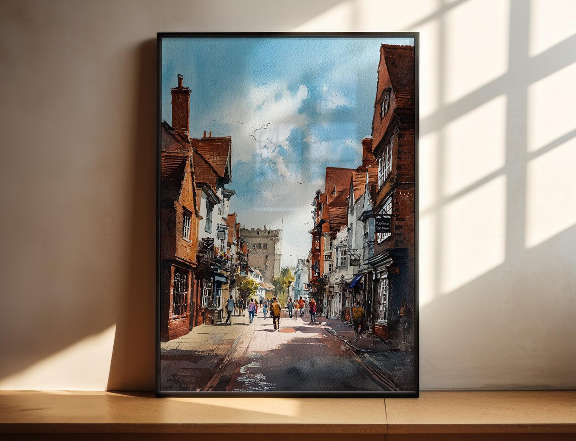 Historic Brick Street Old Town Shops Watercolor Cityscape Art Poster