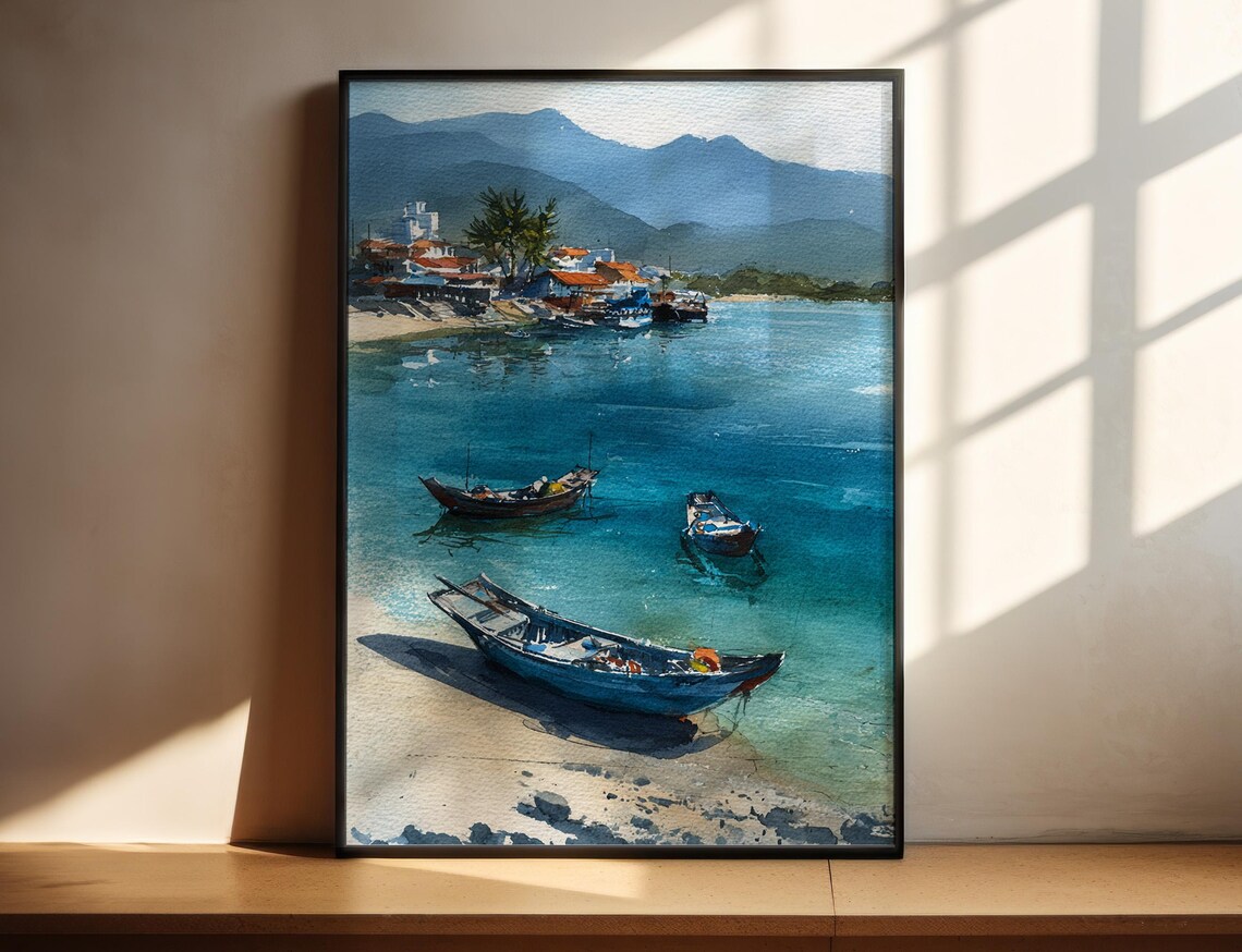 Nha Trang Coastal Town Fishing Boats Turquoise Bay Watercolor Poster