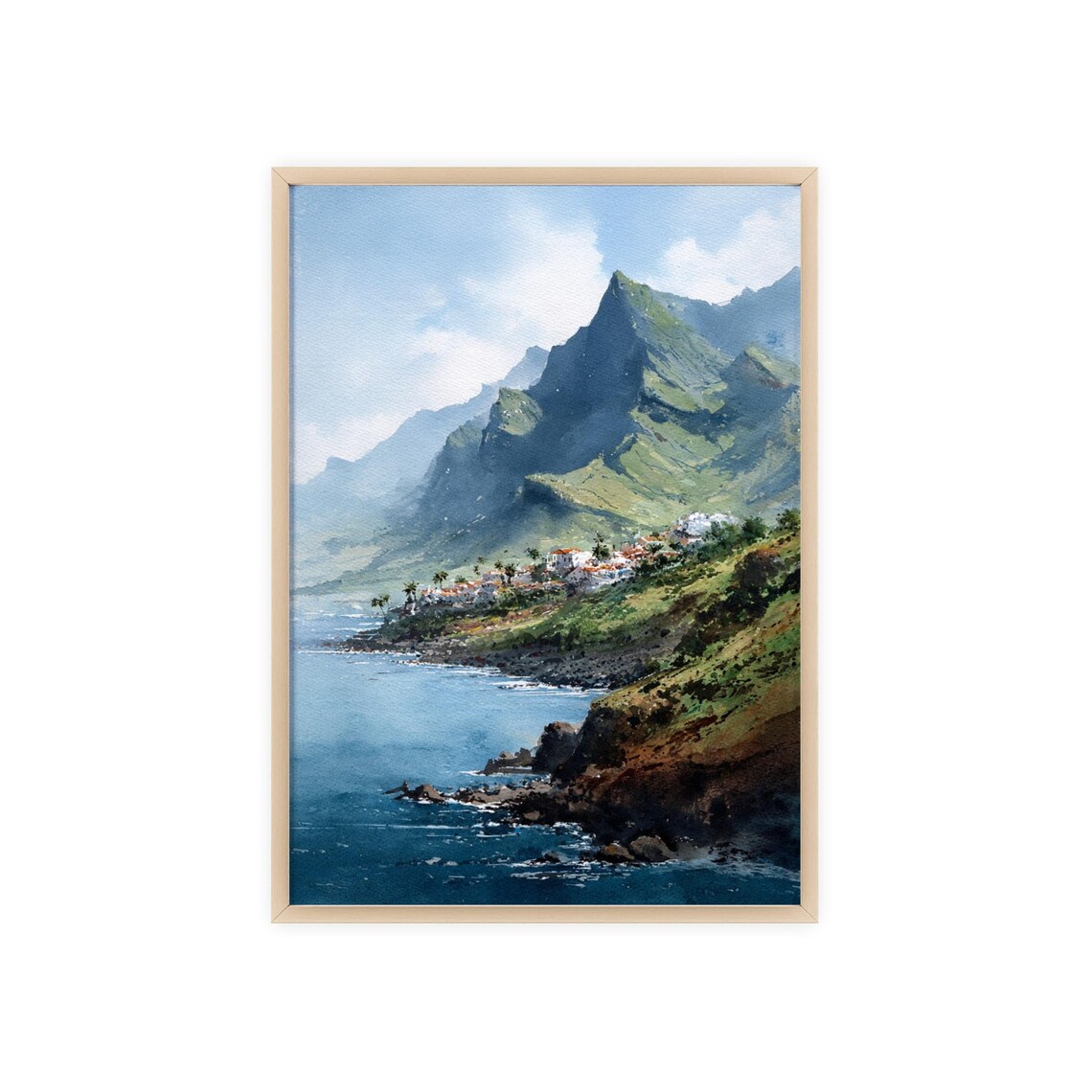 Rocky Coast Cliffs and Village Luminous Watercolor Art Poster