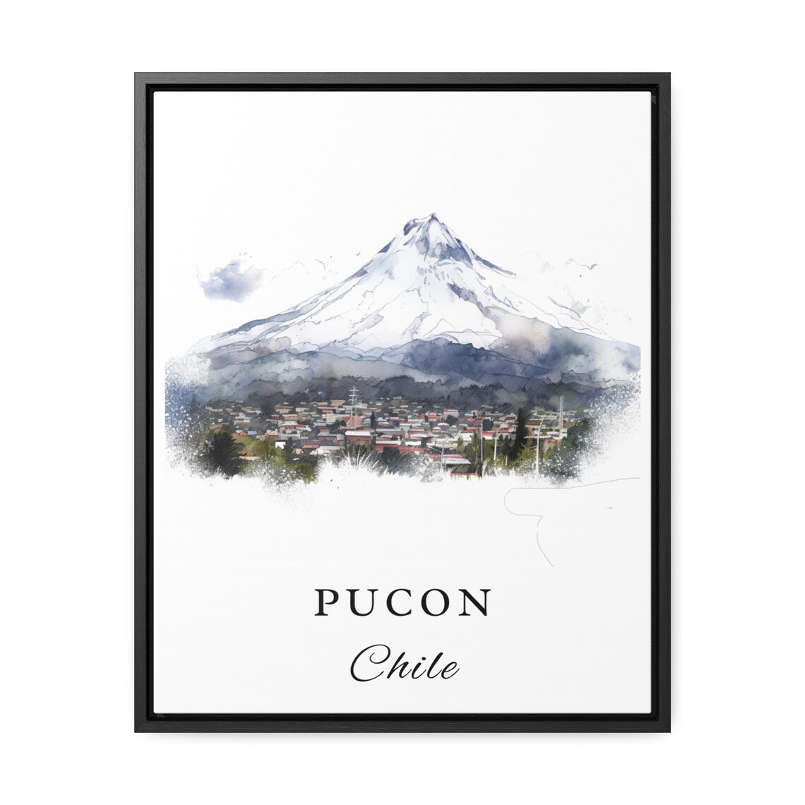 Pucon Chile Watercolor Snowy Volcano and Lakeside Town Art Poster - Image 2
