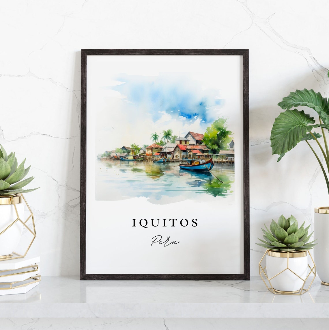 Iquitos Peru Watercolor Amazon River Boats Riverside Village Poster - Image 3