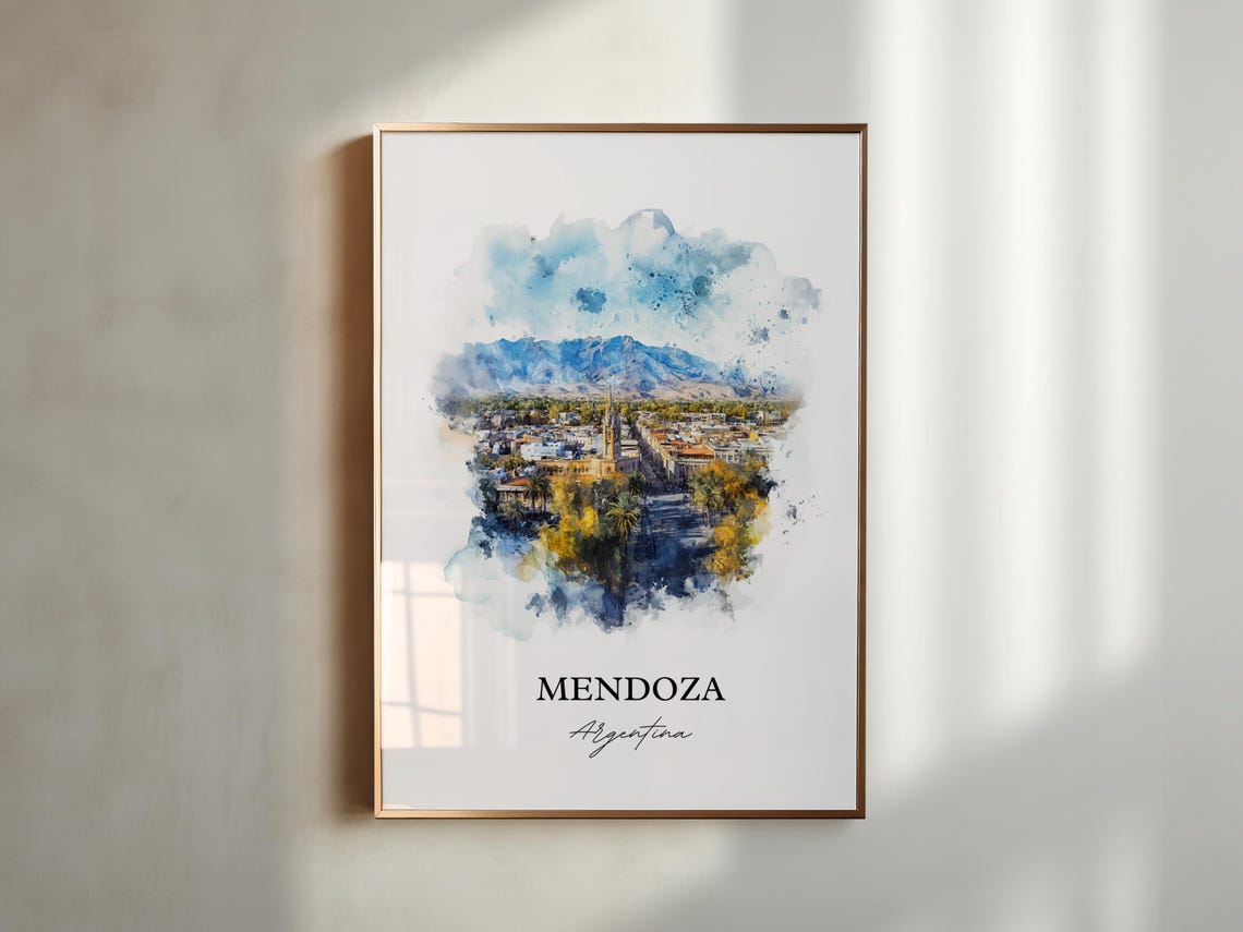Mendoza Argentina Watercolor Tree Lined Street Mountain View Poster - Image 5