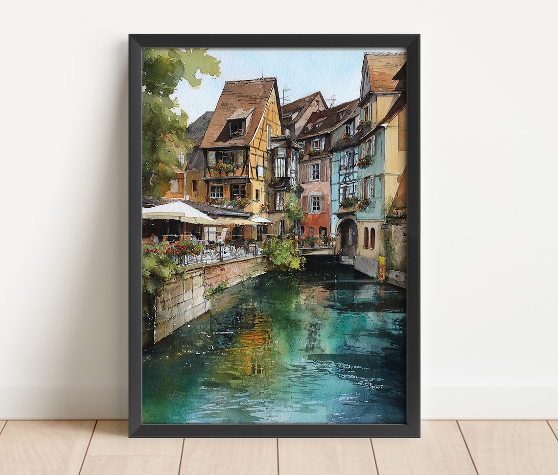 Colmar France Canal Half Timbered Houses Watercolor Art Poster