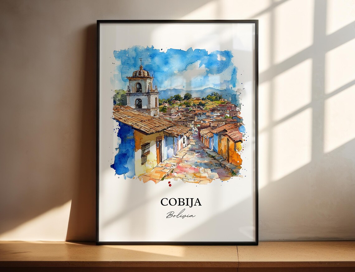 Cobija Bolivia Watercolor Colonial Cobblestone Street Poster