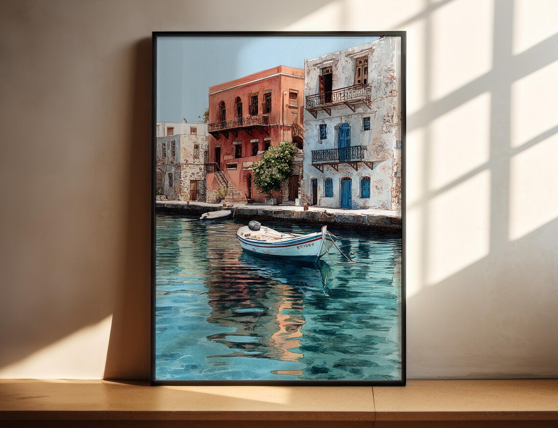 Crete Greece Island Harbor Boats Colorful Watercolor Travel Poster