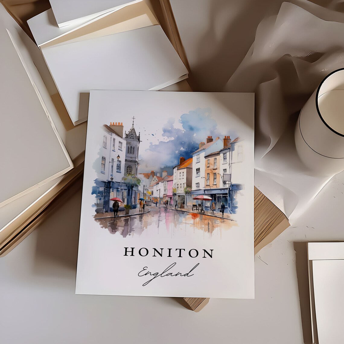 Honiton England Rainy Market Street Watercolor Town Scene Poster - Image 6