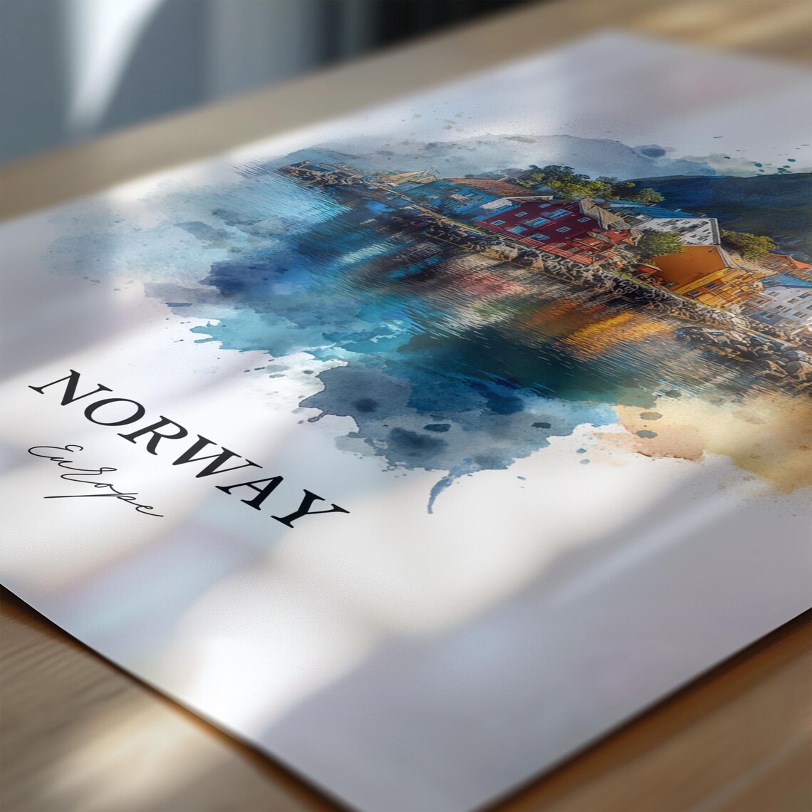 Norway Fishing Village Colorful Cabins Watercolor Fjord Poster - Image 6