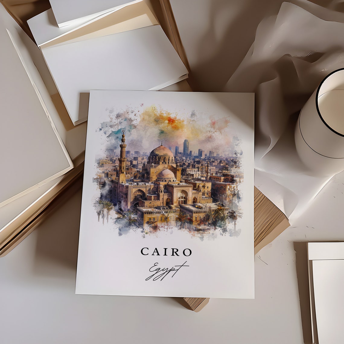 Cairo Egypt Watercolor Historic Mosque Skyline Travel Poster - Image 6