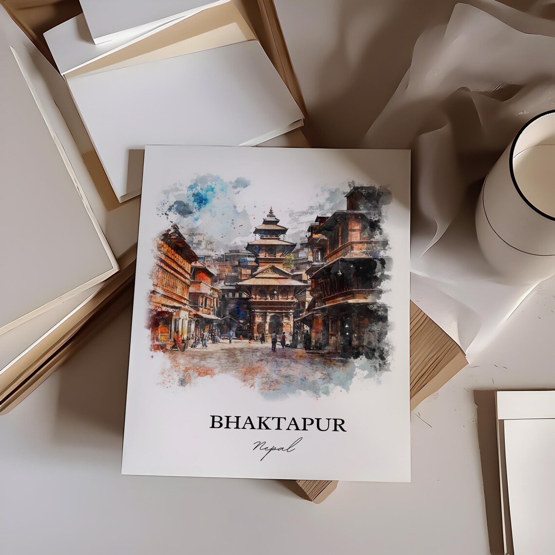 Bhaktapur Nepal Watercolor Pagoda Temple Square Travel Poster - Image 4