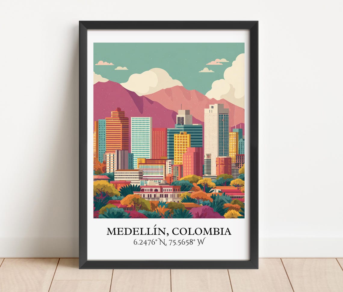 Medellin Colombia City Skyline Valley Mountains Retro Travel Poster - Image 3