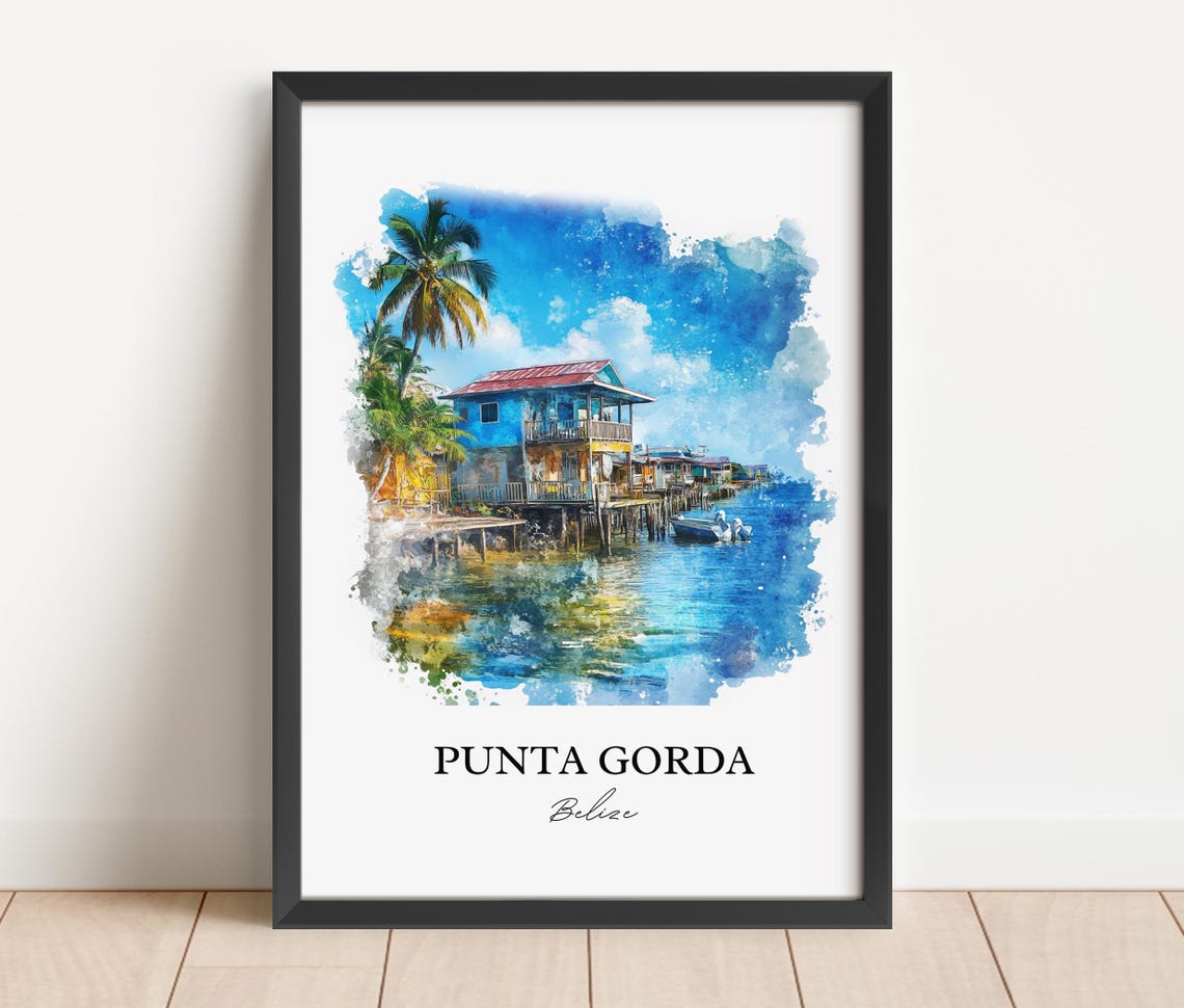 Punta Gorda Belize Waterfront Houses Watercolor Tropical Scene Poster - Image 3