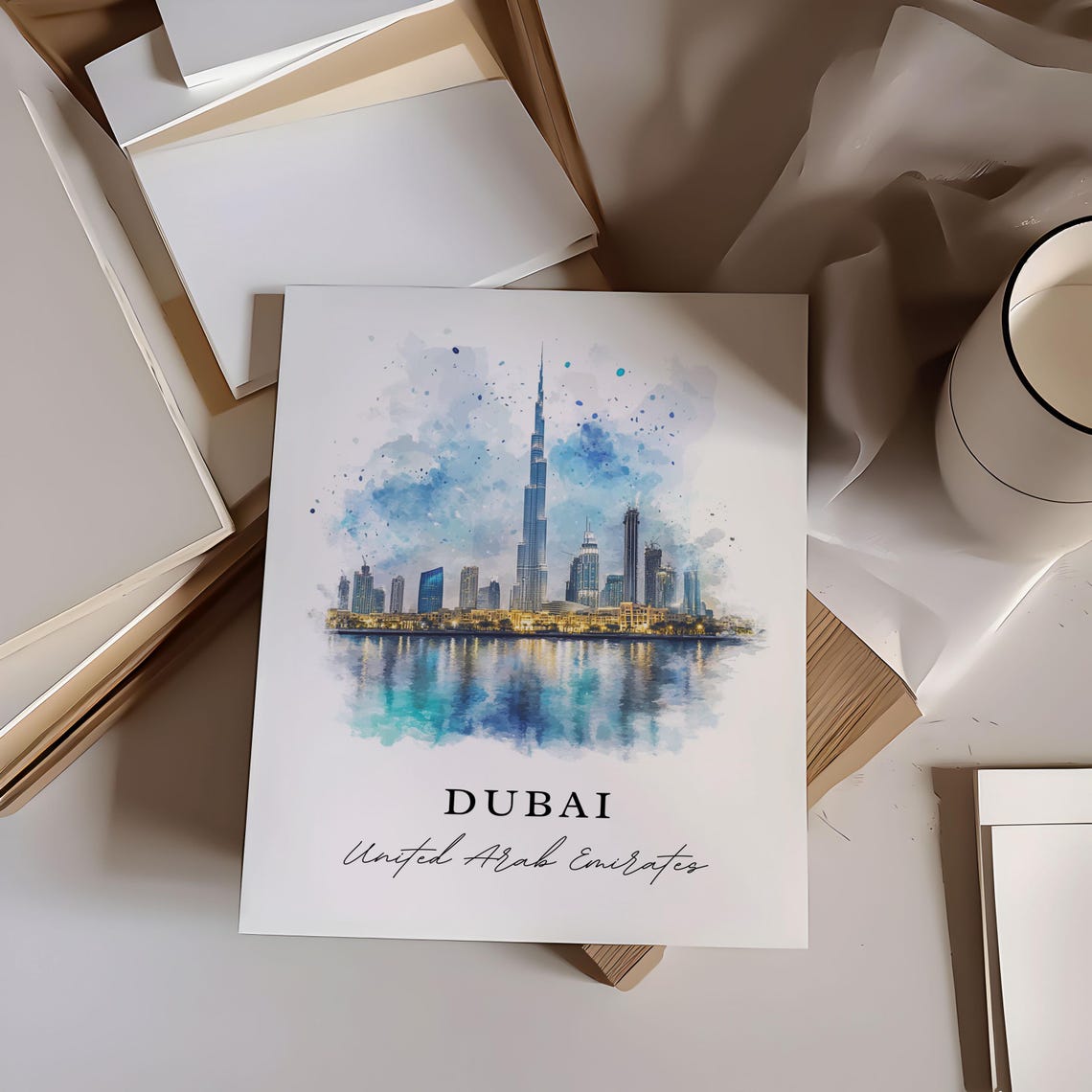 Dubai UAE Watercolor Burj Khalifa City Skyline Reflection Poster - Image 6