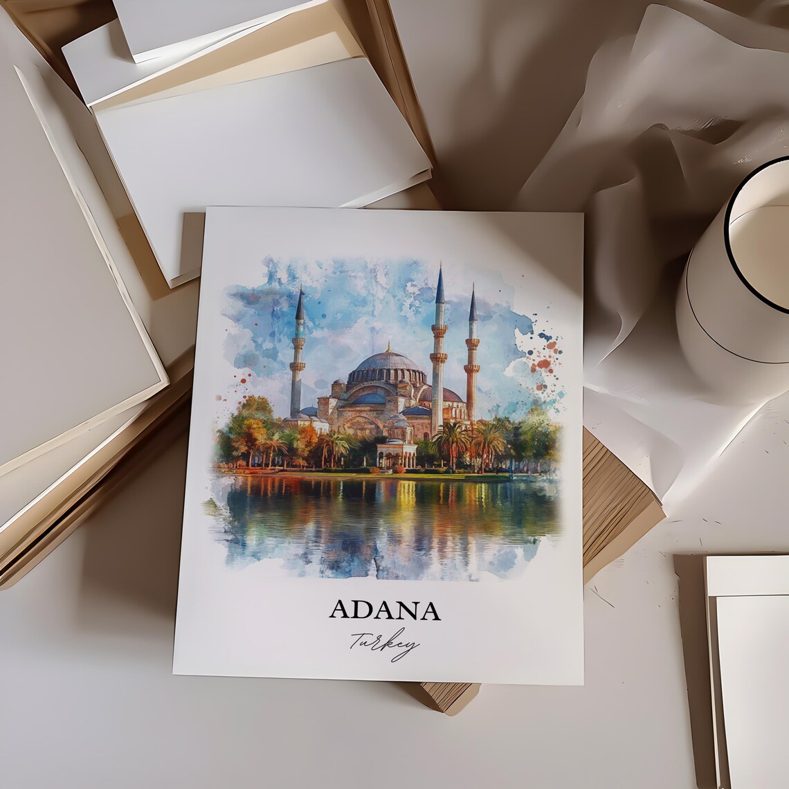 Adana Turkey Watercolor Grand Mosque Riverside Travel Poster - Image 4