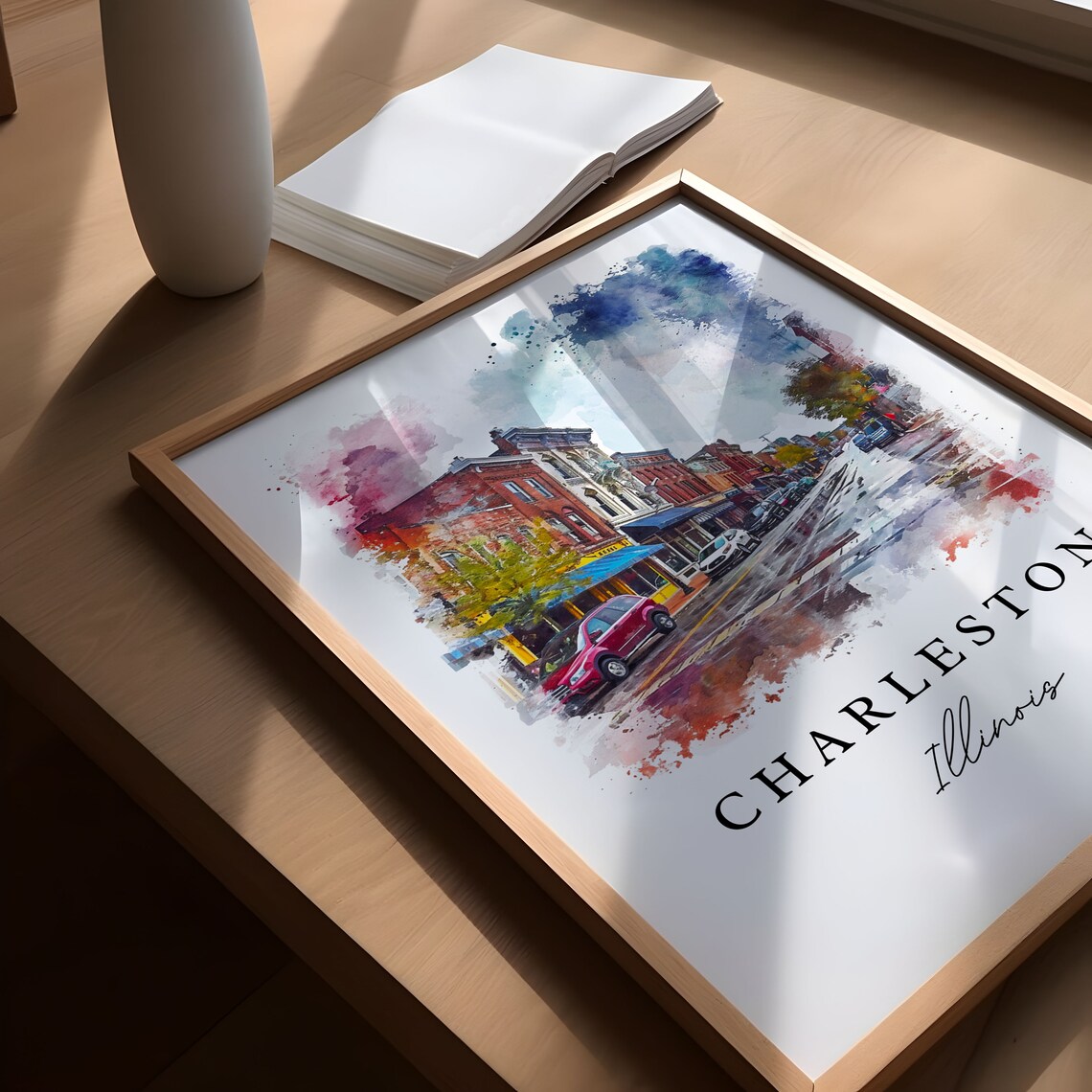 Charleston Illinois Watercolor Brick Street Downtown View Poster - Image 5