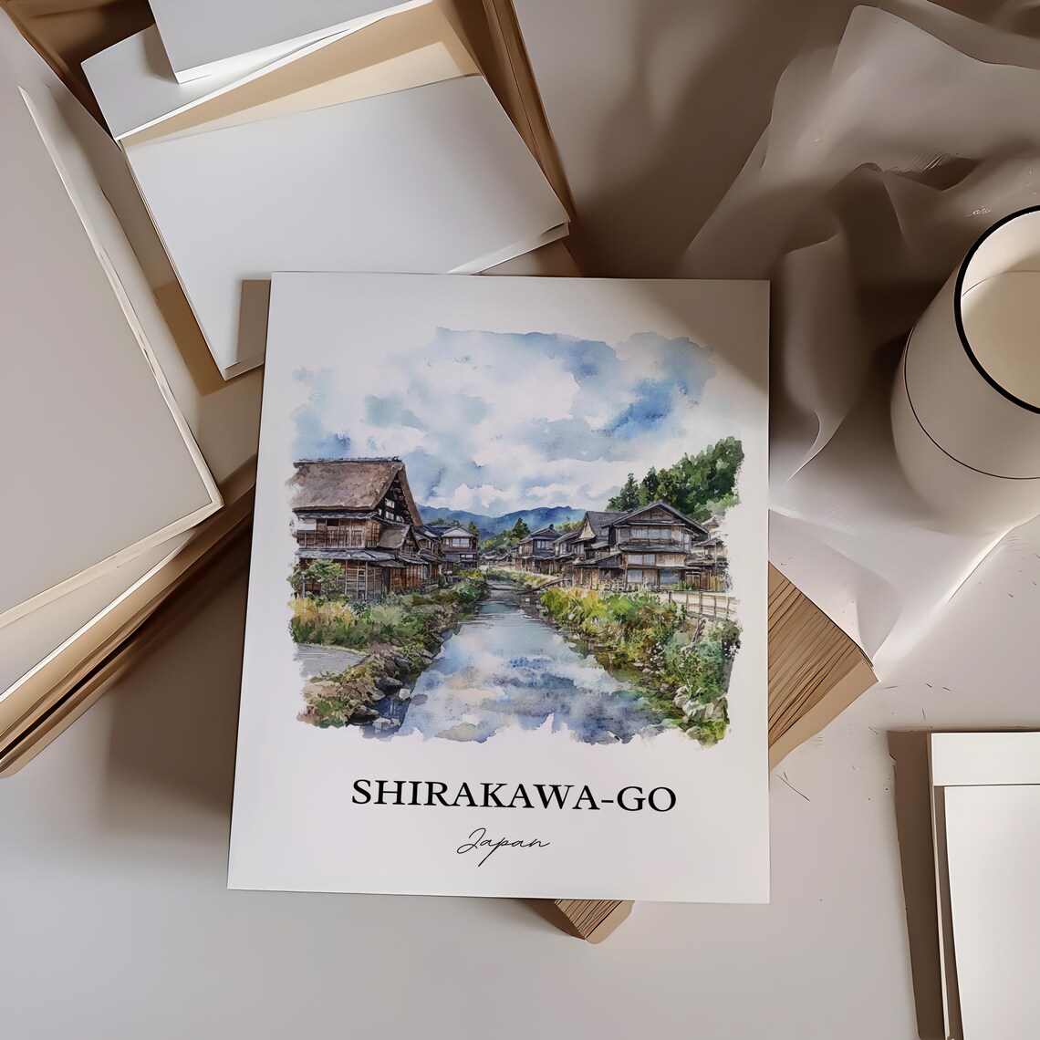 Shirakawa-go Japan Watercolor Thatched Village Canal Scene Poster - Image 3