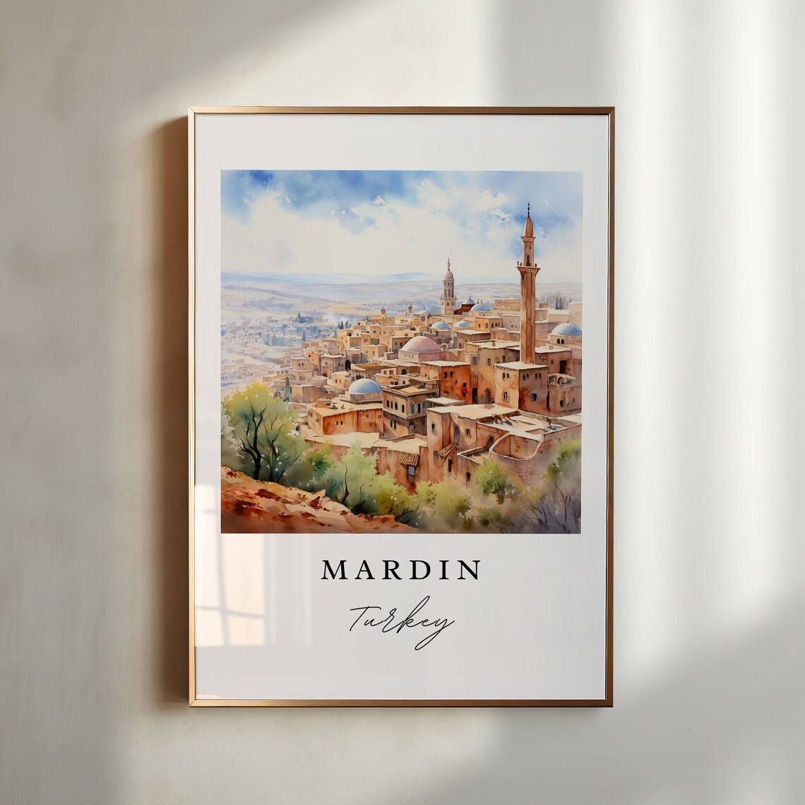 Mardin Turkey Watercolor Hilltop Old City Minarets Panorama Poster