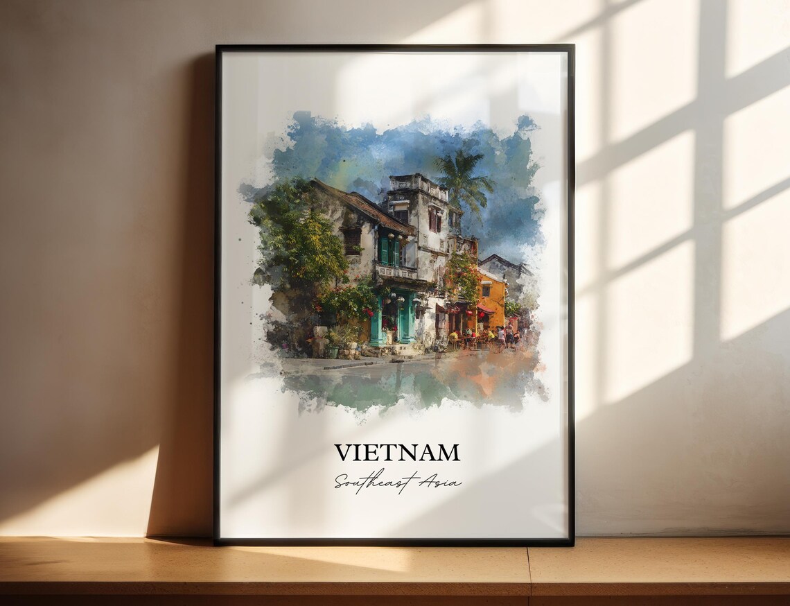 Vietnam Southeast Asia Watercolor Art Colonial Street Palms Poster