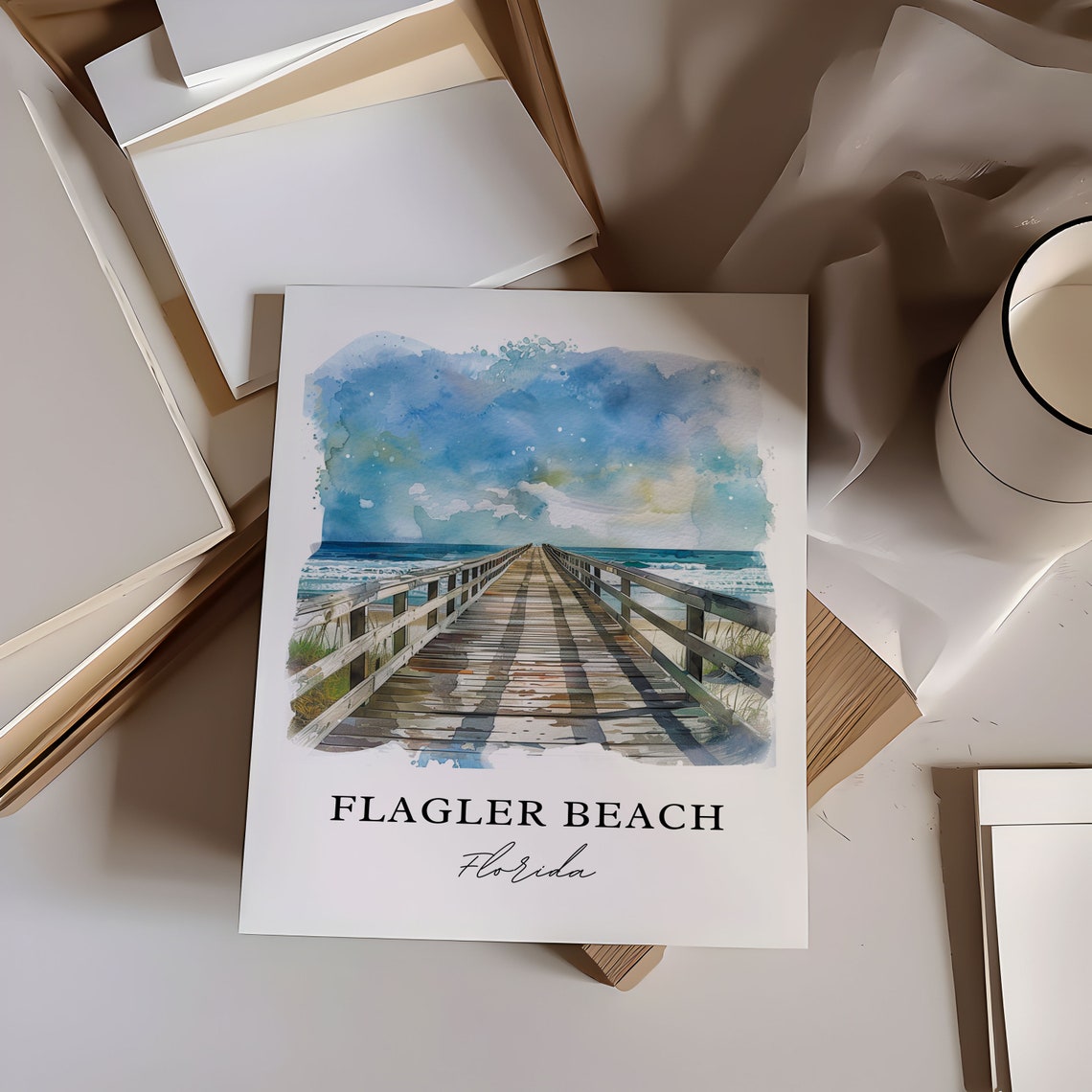 Flagler Beach Florida Ocean Pier Boardwalk Watercolor Poster - Image 6