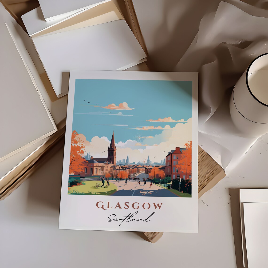Glasgow Scotland Autumn Street City Skyline Vintage Style Poster - Image 6