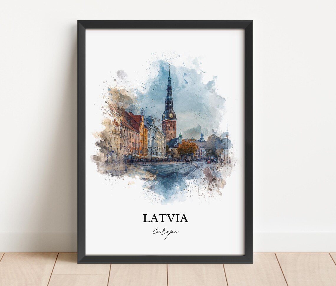 Latvia Riga Old Town Church Tower Watercolor Europe Travel Poster - Image 2