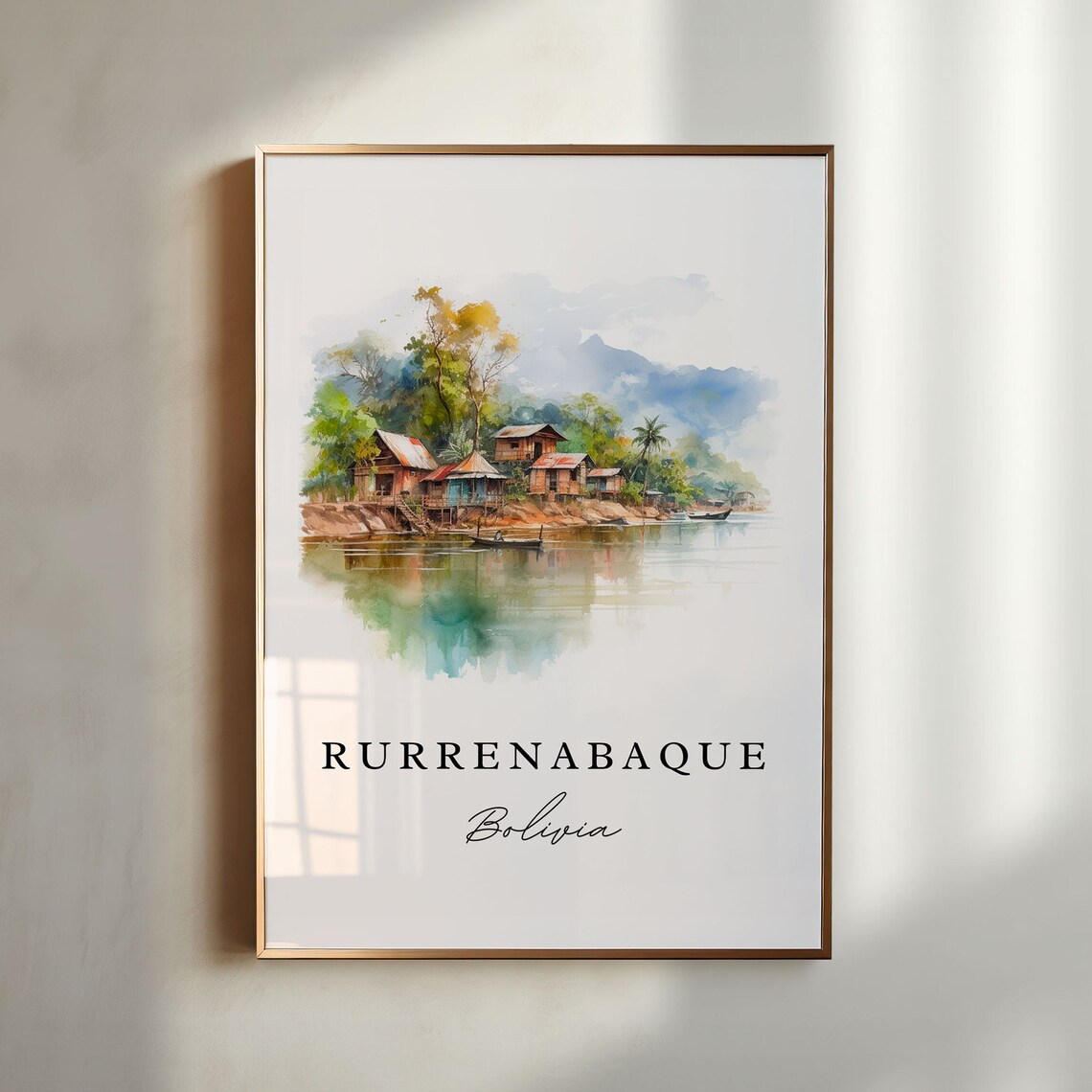 Rurrenabaque Bolivia Riverside Jungle Village Watercolor Wall Poster