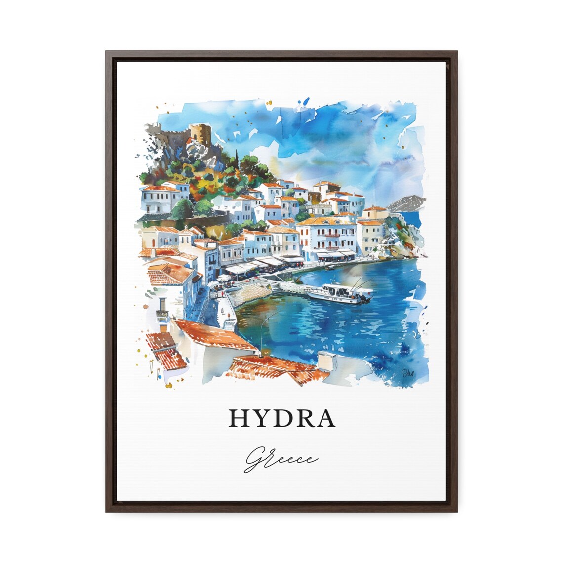 Hydra Greece Island Harbor Town Sparkling Watercolor Travel Poster - Image 2