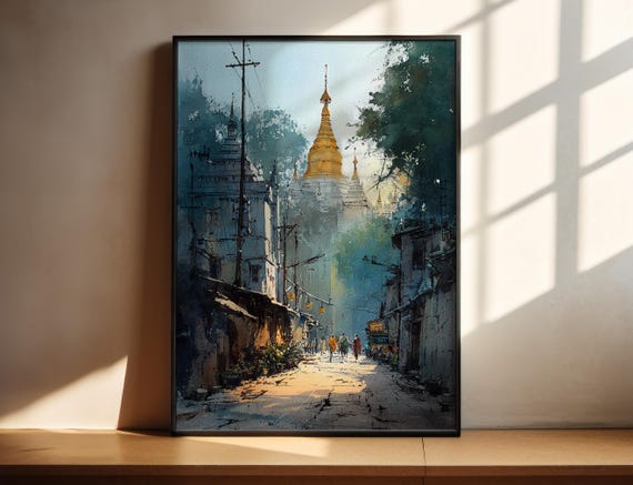 Mandalay Myanmar Watercolor Art Travel Print Artwork Decor Cityscape Wall