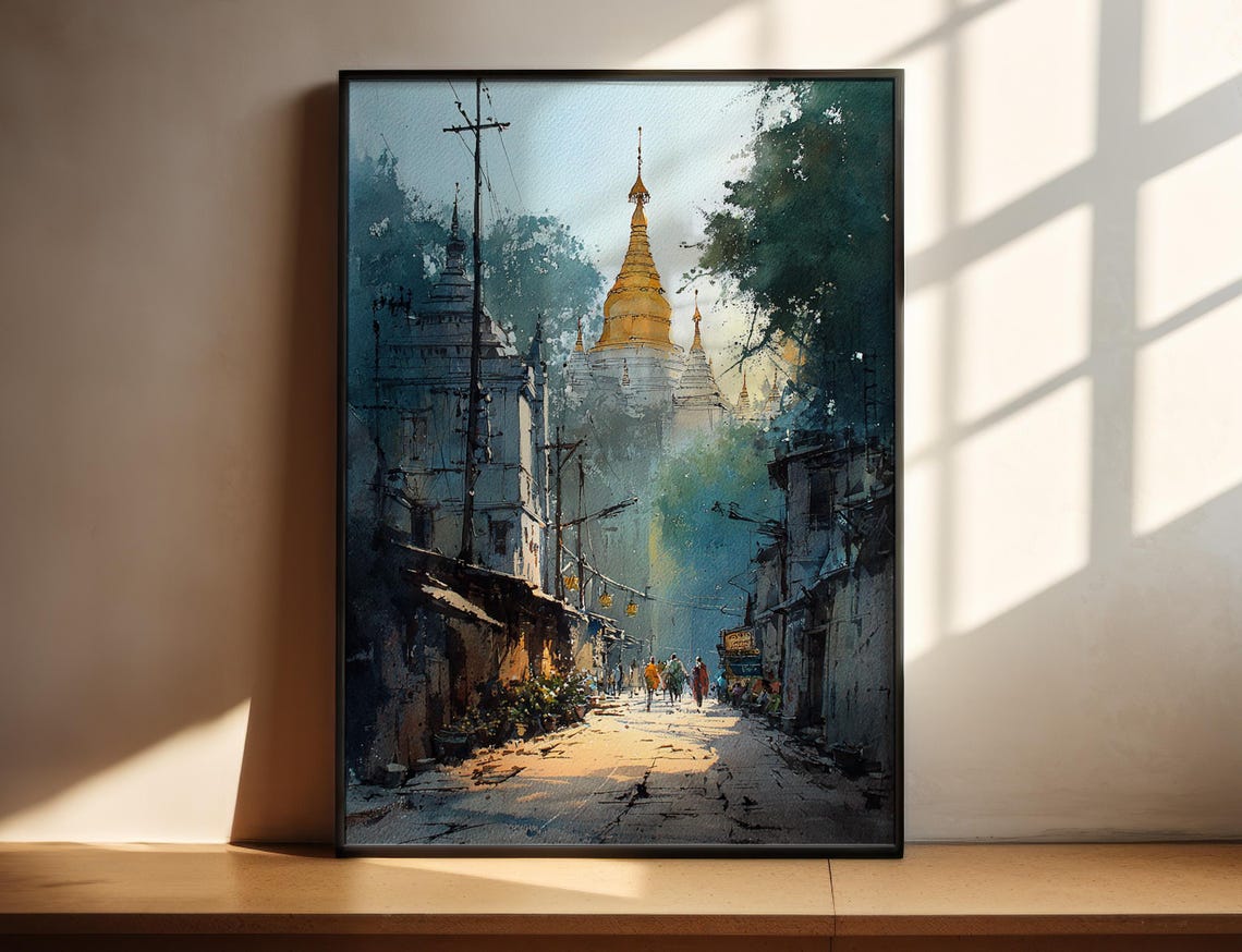 Mandalay Myanmar Watercolor Art Travel Print Artwork Decor Cityscape Wall