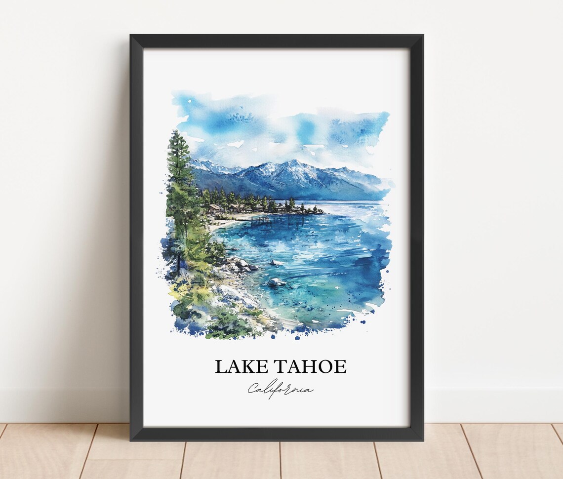 Lake Tahoe California Watercolor Turquoise Water Snow Mountains Poster - Image 4