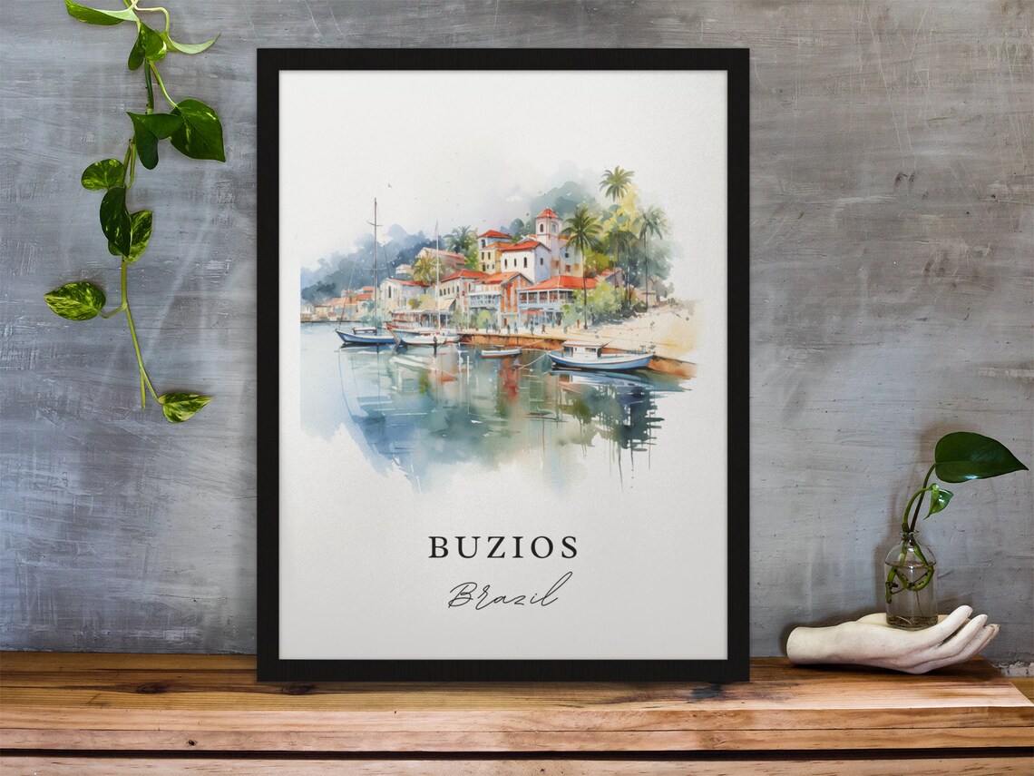 Buzios Brazil Watercolor Harbor Boats Beach Town Travel Art Poster - Image 3