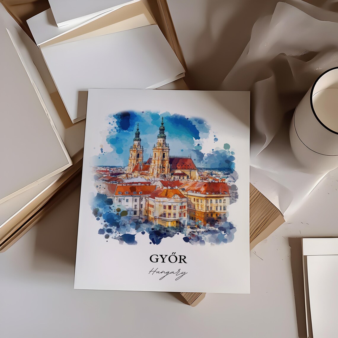 Gyor Hungary Watercolor Cathedral Twin Towers City Skyline Poster - Image 5