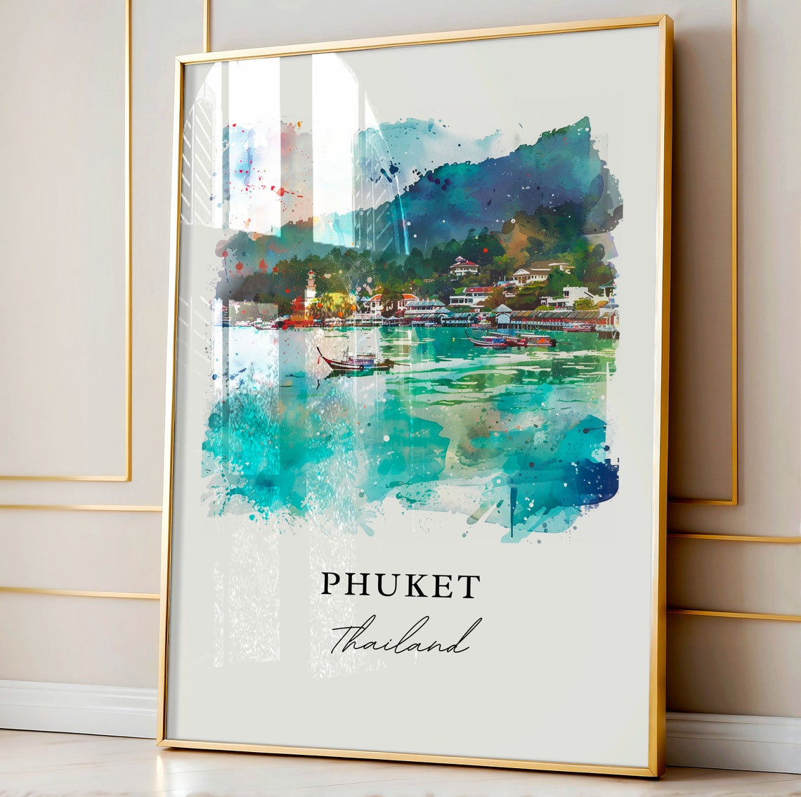 Phuket Thailand Watercolor Art Turquoise Bay Longtail Boats Poster - Image 4