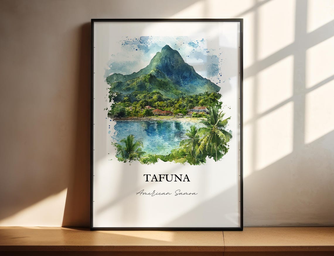 Tafuna American Samoa Tropical Coast Mountain Watercolor Art Poster