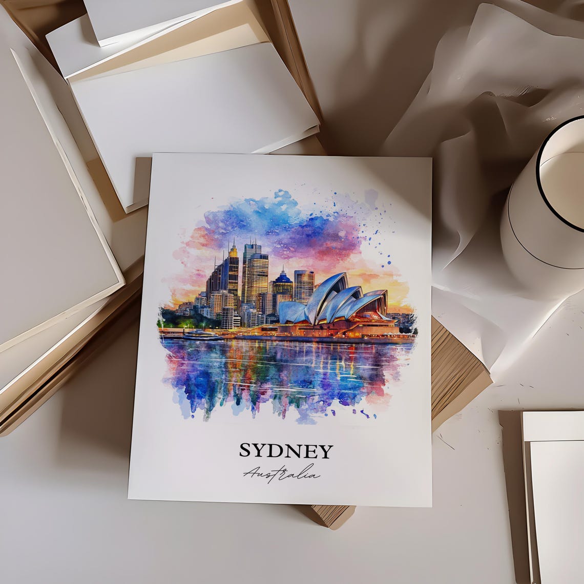 Sydney Australia Opera House Harbor Sunset Watercolor Art Poster - Image 2