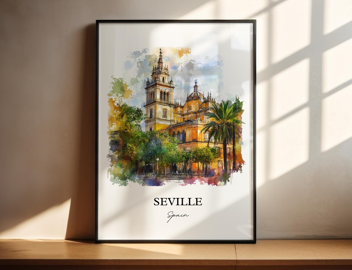 Seville Spain Cathedral Palms Square Watercolor Travel Poster