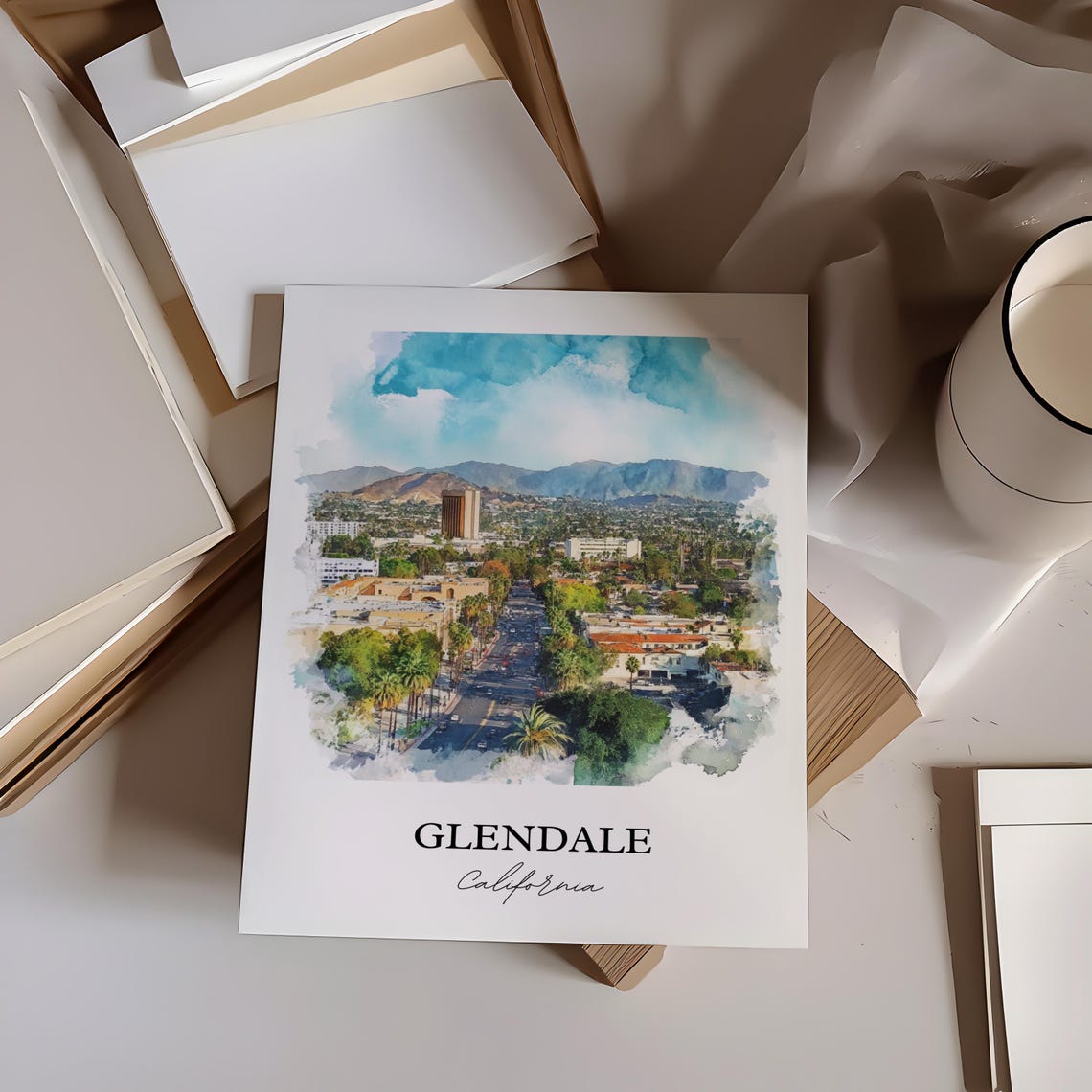 Glendale California Watercolor Downtown Skyline City View Poster - Image 3