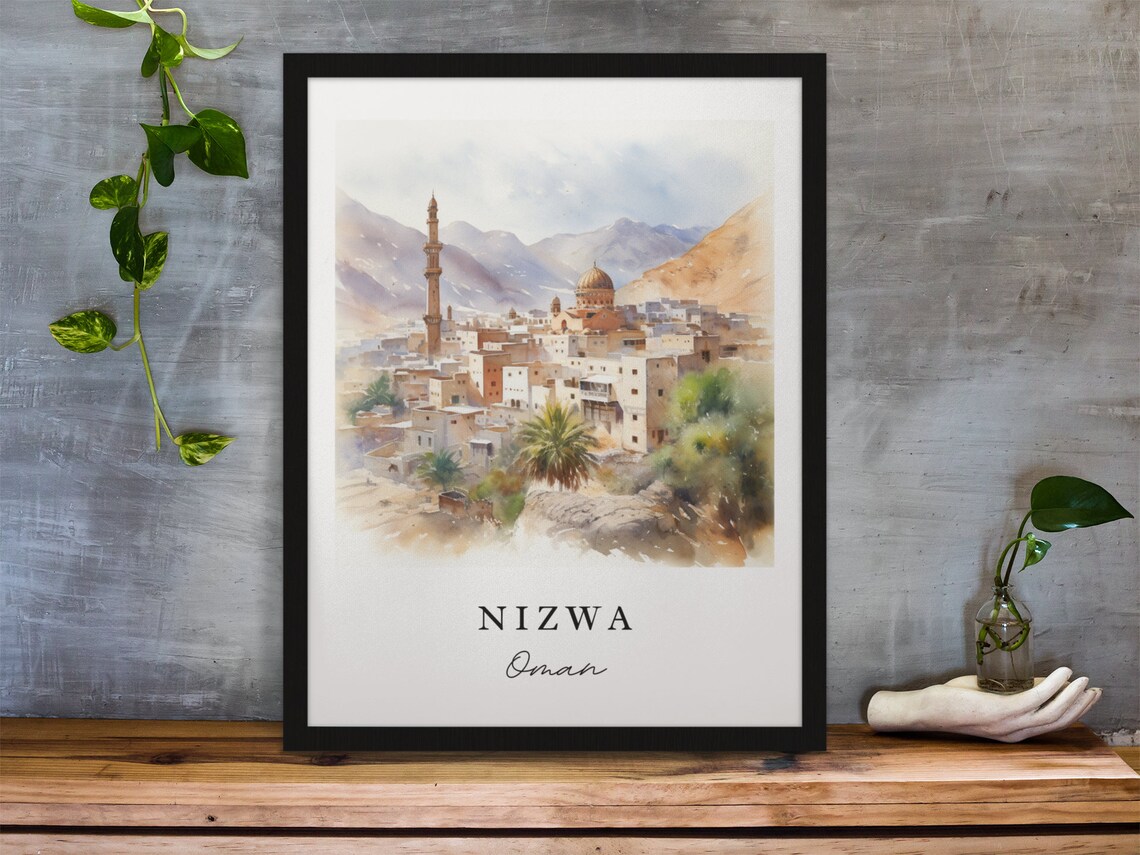 Nizwa Oman Watercolor Art Mountain Desert Town Minaret Poster