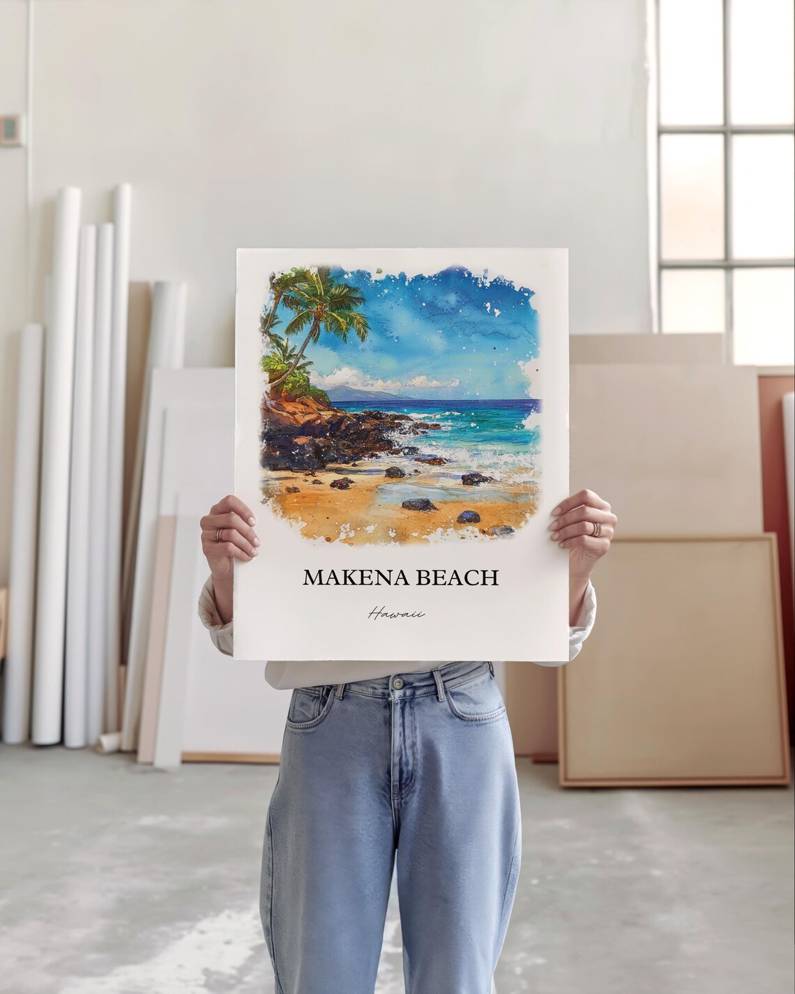 Makena Beach Hawaii Palms Lava Rocks Turquoise Waves Watercolor Poster - Image 2