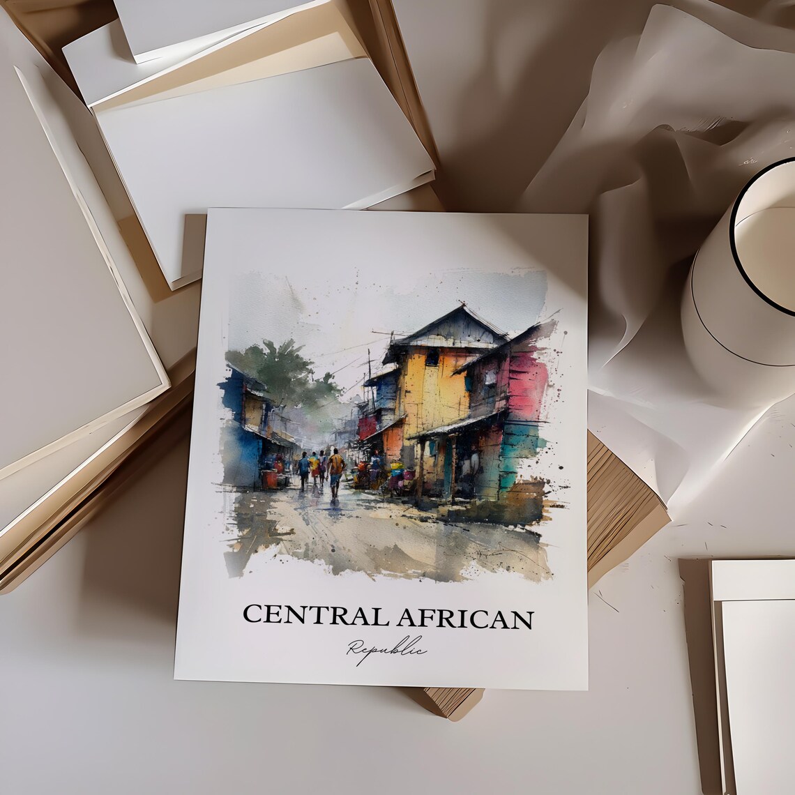 Central African Republic Market Street Watercolor Travel Poster - Image 2