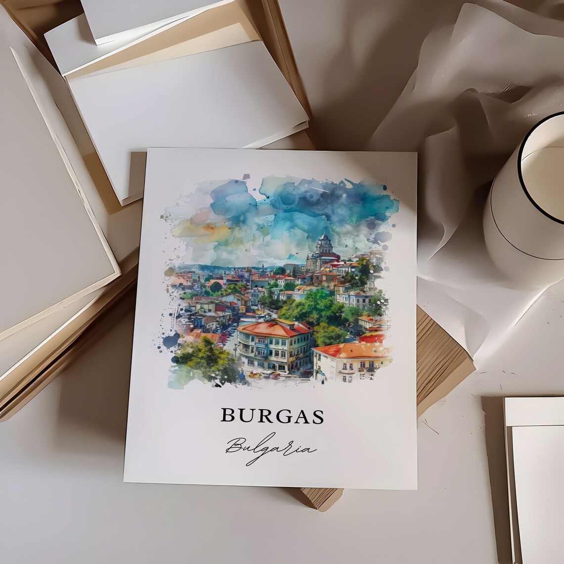 Burgas Bulgaria Cityscape Red Roof Cathedral Watercolor Poster - Image 6