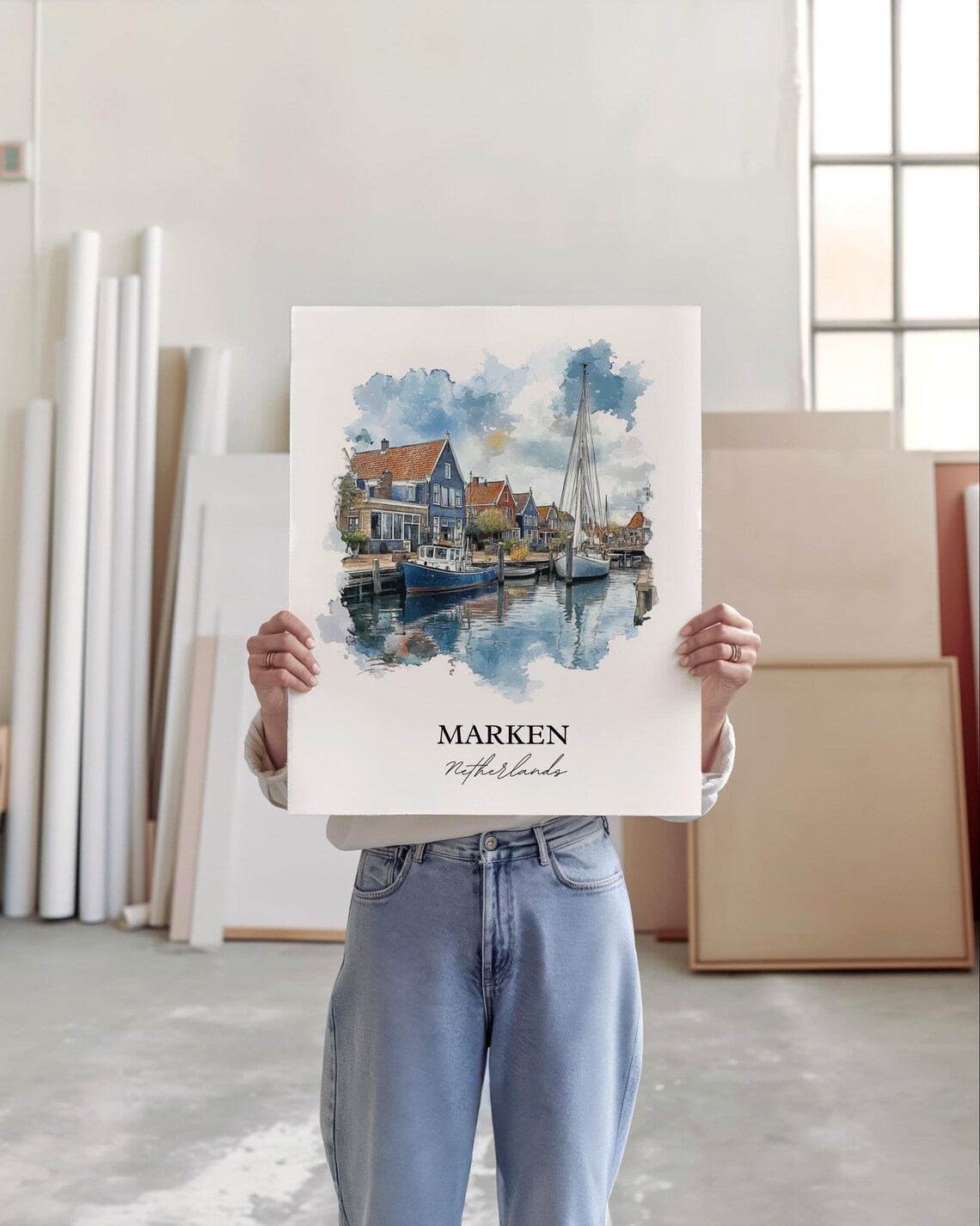 Marken Netherlands Fishing Harbor Boats Watercolor Travel Poster - Image 2