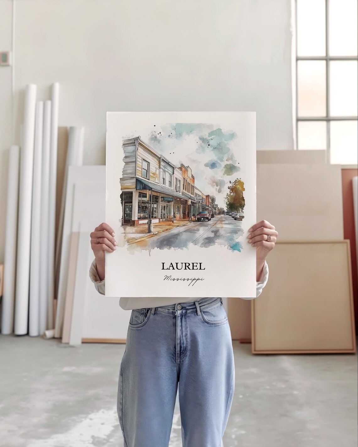 Laurel Mississippi Watercolor Historic Main Street Scene Poster - Image 4