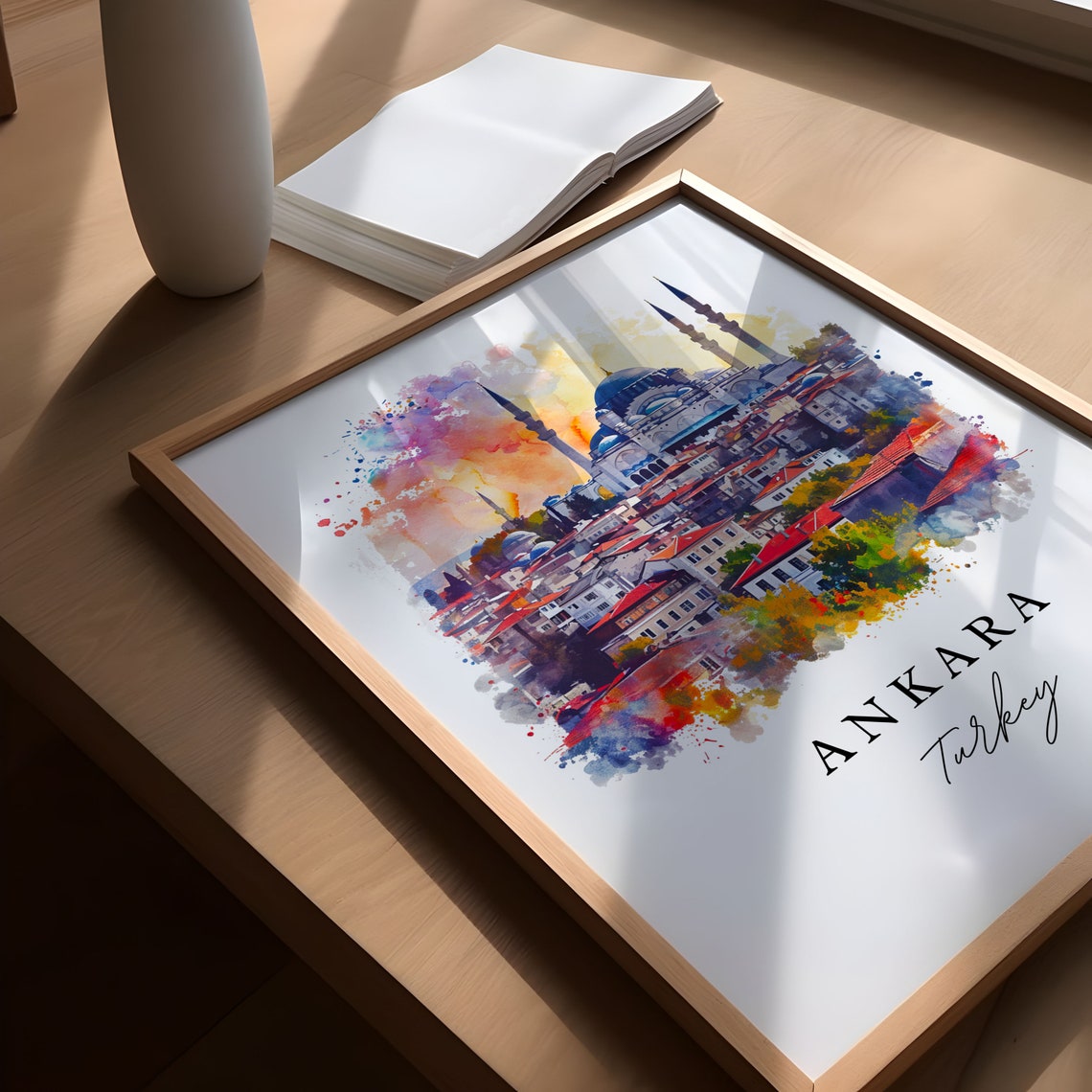 Ankara Turkey Watercolor Mosque Minarets Red Rooftops Art Poster - Image 5