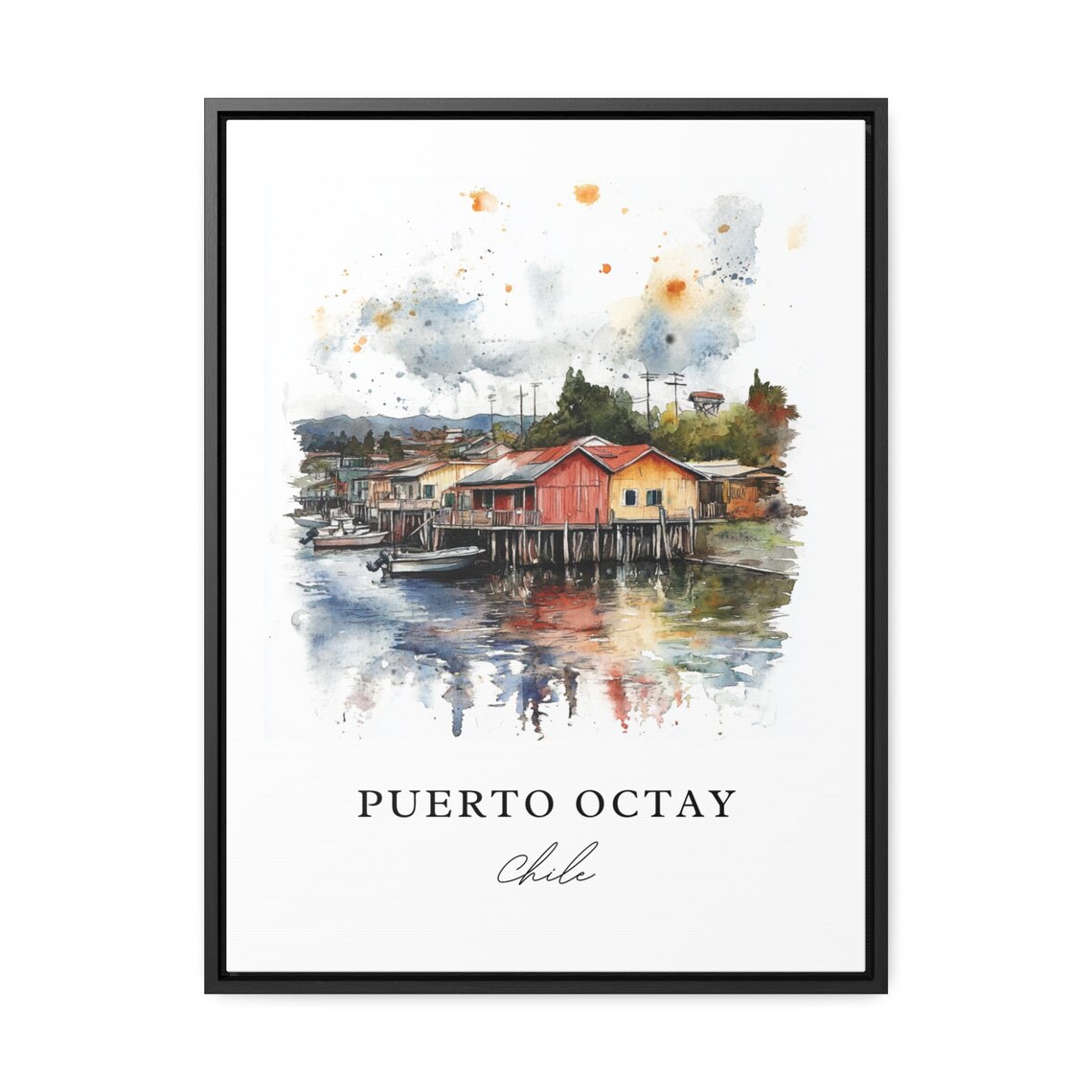 Puerto Octay Chile Watercolor Stilt Houses Lake Scene Poster - Image 2