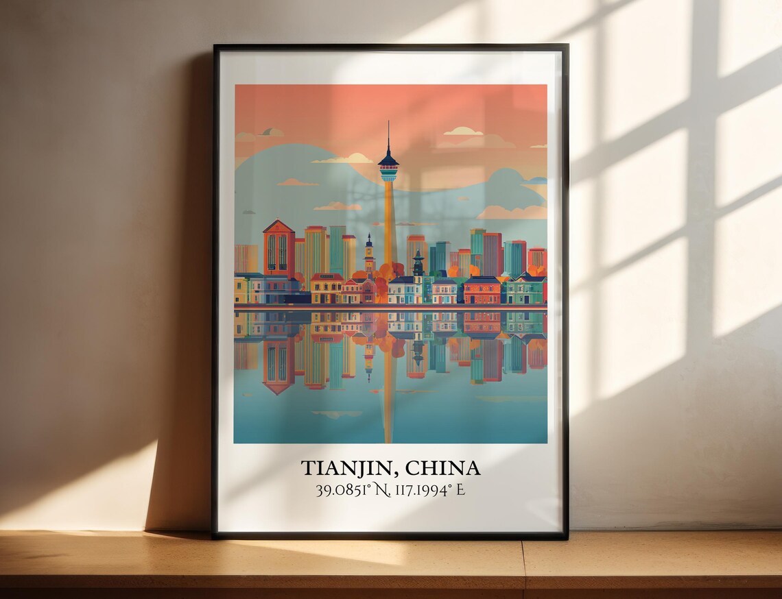 Tianjin China Riverside Skyline Landmark Tower Sunset Travel Poster - Image 2