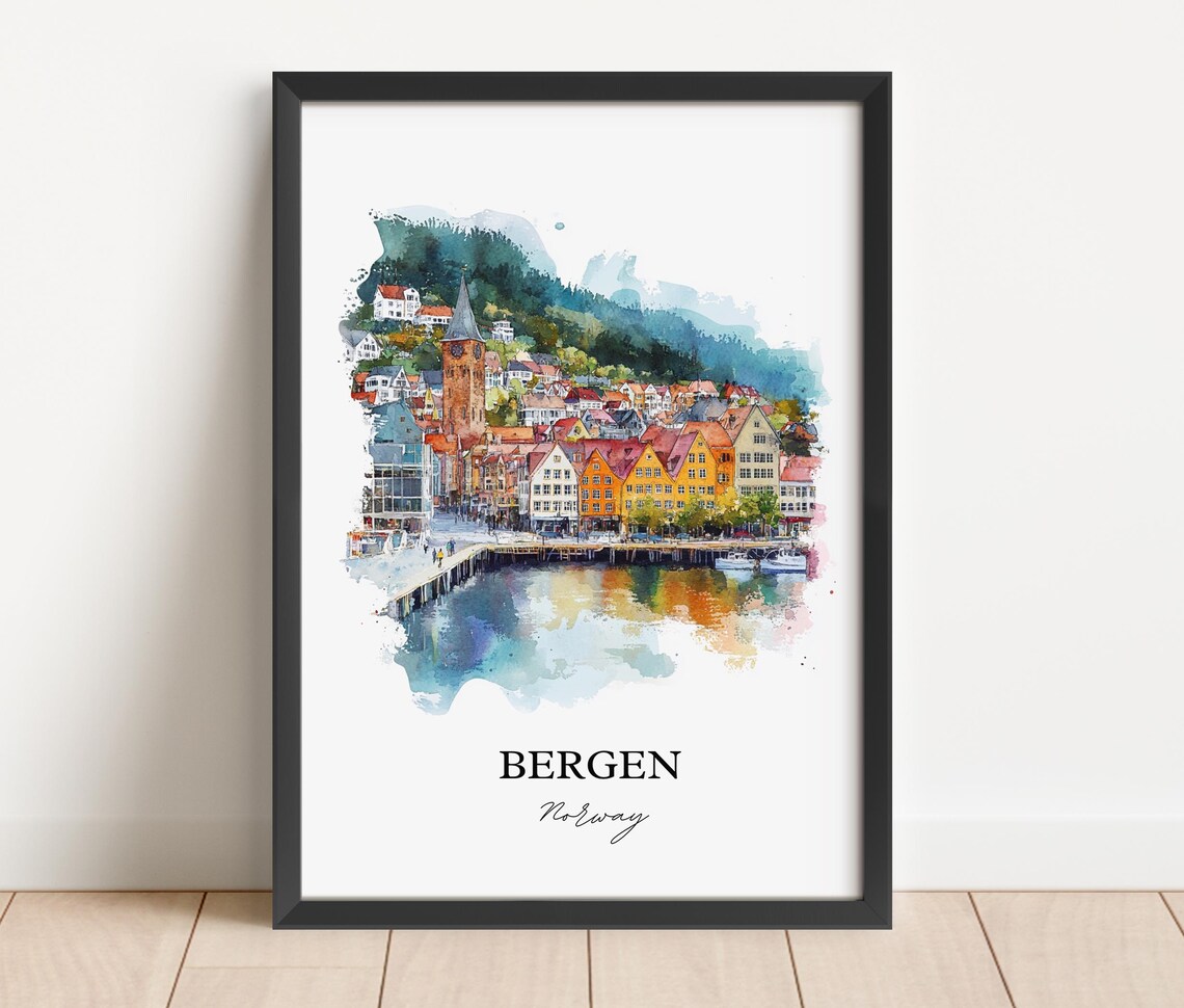 Bergen Norway Colorful Wharf Houses Watercolor Travel Poster - Image 5