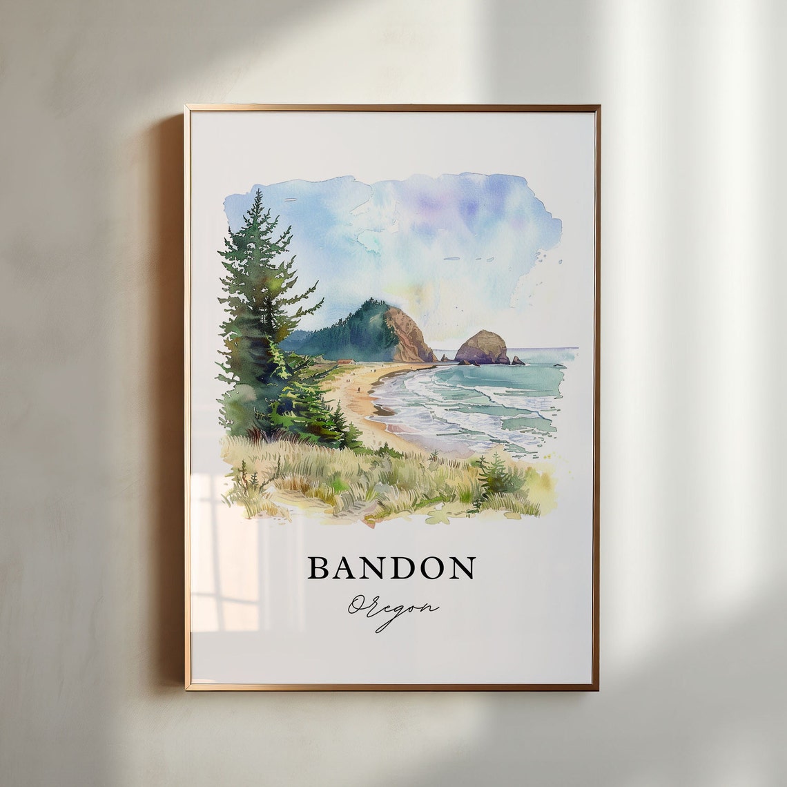 Bandon Oregon Coast Sea Stacks Watercolor Beach Cliffs Waves Poster