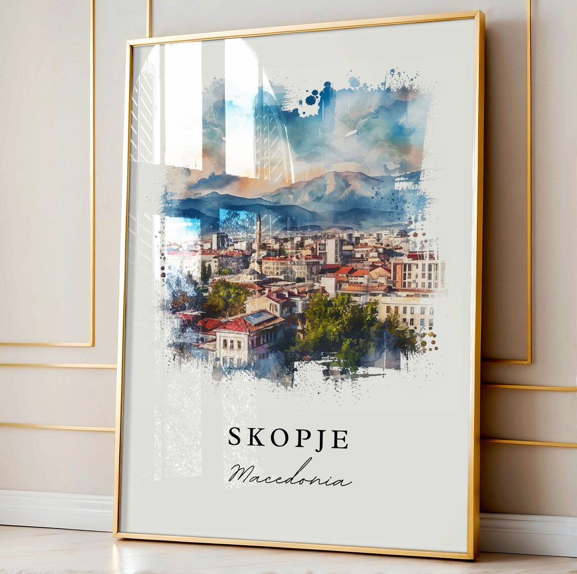 Skopje Macedonia City Skyline Mountain Watercolor Travel Poster - Image 4